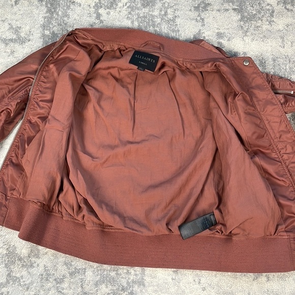 All Saints Myra Bomber Flight Jacket Rust Brown Red Ruched Nylon Sz XS - Picture 13 of 15